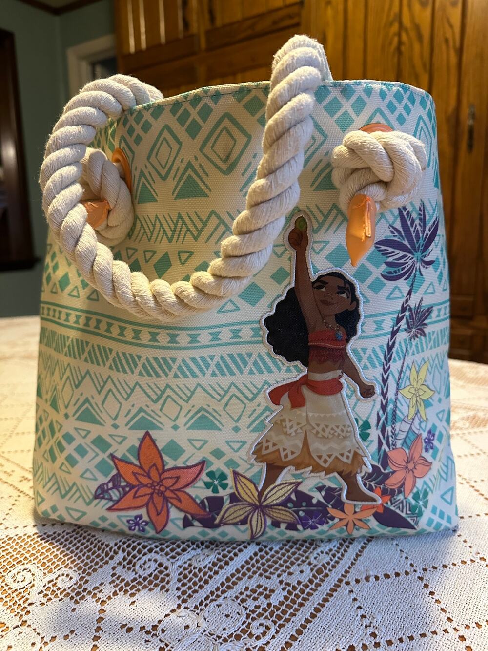 Disney Parks Moana Canvas Tote Bag Rope Handles Teal Geometric Beach Travel